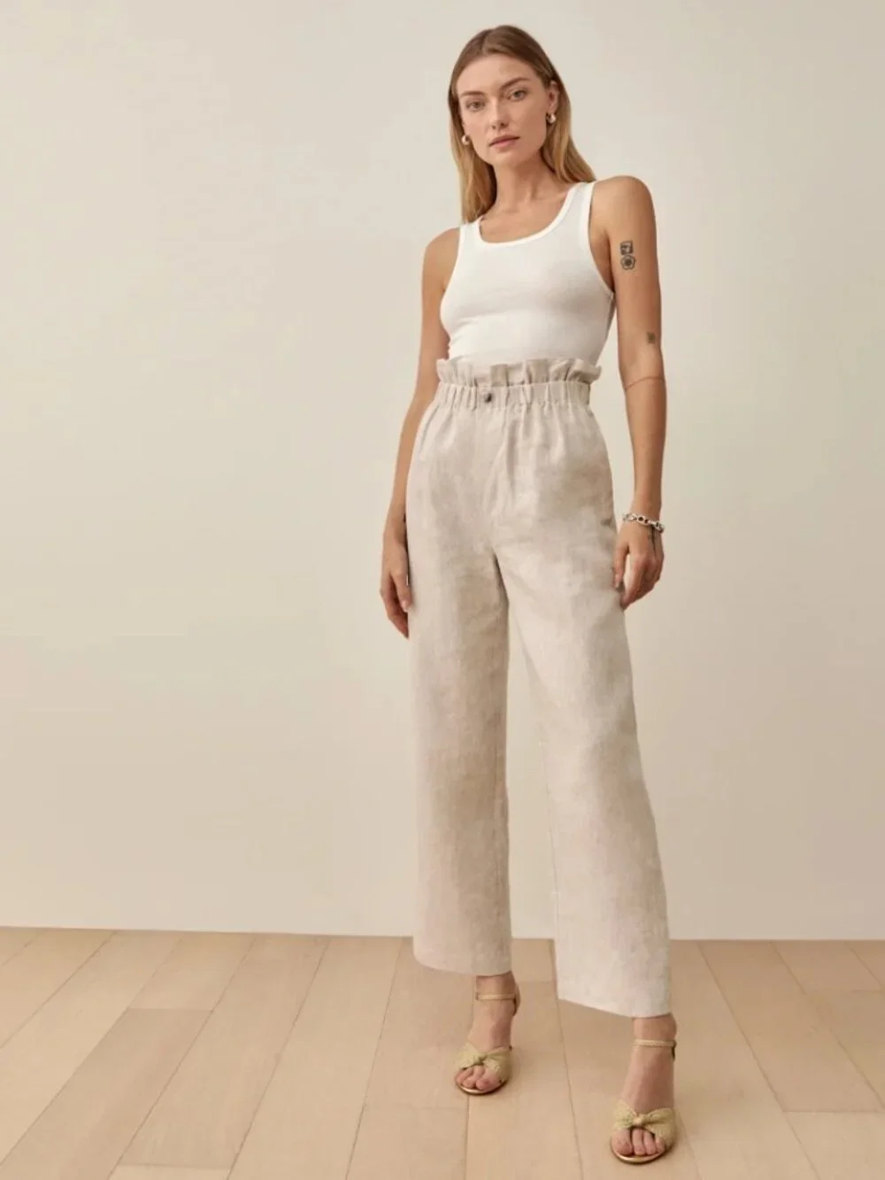 NWT Reformation Finn Linen Pants Oatmeal Beige High Rise Paperbag Wide Leg (4)